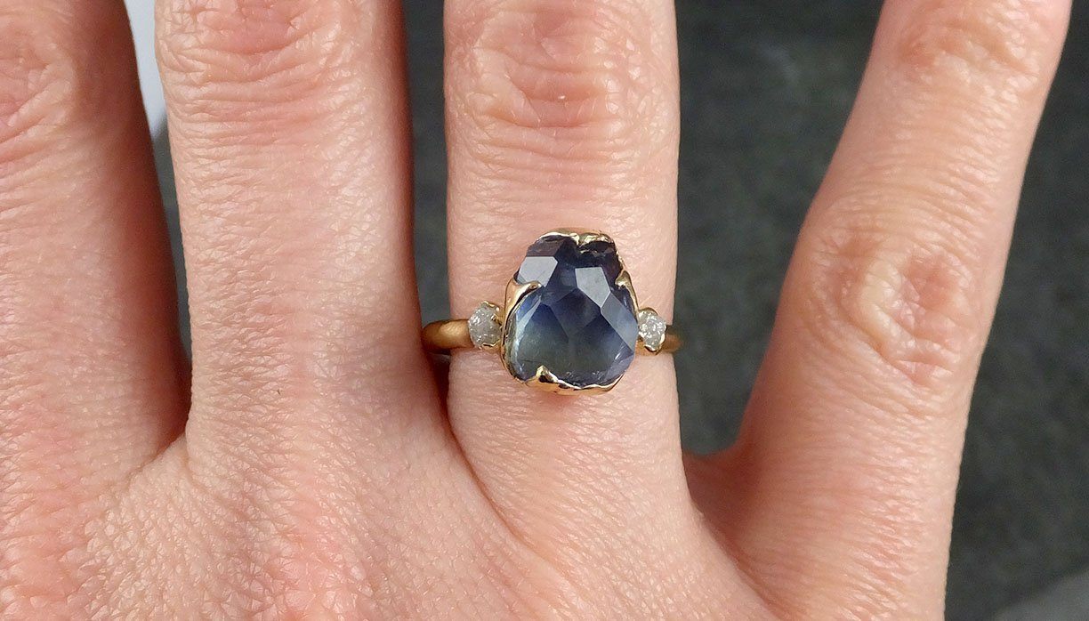 Partially faceted Tanzanite Crystal Gemstone diamond 18k Yellow gold Ring Multi stone Wedding Ring One Of a Kind Three stone Ring 1038 - by Angeline