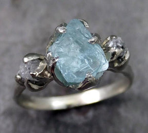 Aquamarine Diamond White Gold Engagement Ring Wedding Ring Raw Uncut Custom One Of a Kind Gemstone Ring Bespoke Three stone Ring byAngeline - by Angeline