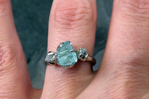 Aquamarine Diamond White Gold Engagement Ring Wedding Ring Raw Uncut Custom One Of a Kind Gemstone Ring Bespoke Three stone Ring byAngeline - by Angeline
