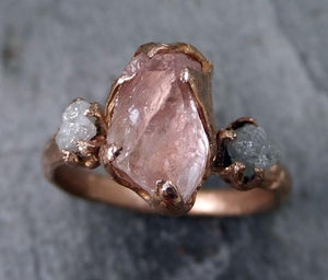 Raw Morganite Diamond Rose Gold Engagement Ring Wedding Ring Custom One Of a Kind Gemstone Ring Bespoke Three stone Ring byAngeline - by Angeline