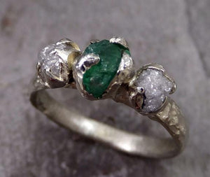 Three raw Stone Diamond Emerald Engagement Ring 14k white Gold Wedding Ring Uncut Birthstone Stacking Ring Rough Diamond Ring byAngeline w042 - by Angeline