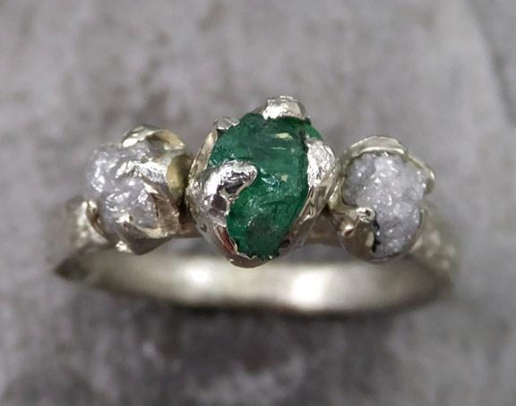 Three raw Stone Diamond Emerald Engagement Ring 14k white Gold Wedding Ring Uncut Birthstone Stacking Ring Rough Diamond Ring byAngeline w042 - by Angeline
