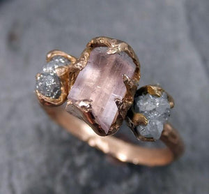 Raw Pink Tourmaline Diamond 14k Rose Gold Engagement Ring Wedding Ring One Of a Kind Gemstone Ring Three stone Ring byAngeline r059 - by Angeline
