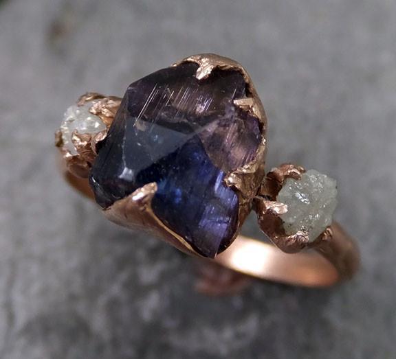 Raw Diamond Tanzanite Ring Two Tone Gemstone 14k Rose Gold Engagement Ring Wedding Ring One Of a Kind Gemstone Ring Three stone - by Angeline