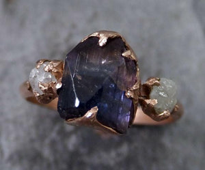 Raw Diamond Tanzanite Ring Two Tone Gemstone 14k Rose Gold Engagement Ring Wedding Ring One Of a Kind Gemstone Ring Three stone - by Angeline