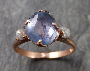 Partially faceted Montana Sapphire Diamond 14k rose Gold Engagement Ring Wedding Ring Custom One Of a Kind blue Gemstone Ring Multi stone Ring 1063 - by Angeline