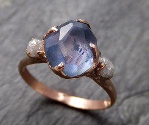 Partially faceted Montana Sapphire Diamond 14k rose Gold Engagement Ring Wedding Ring Custom One Of a Kind blue Gemstone Ring Multi stone Ring 1063 - by Angeline