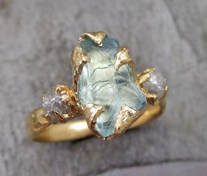 Raw Uncut Aquamarine Diamond Gold Engagement Ring Wedding Ring Custom One Of a Kind Gemstone Ring Bespoke Three stone Ring - by Angeline