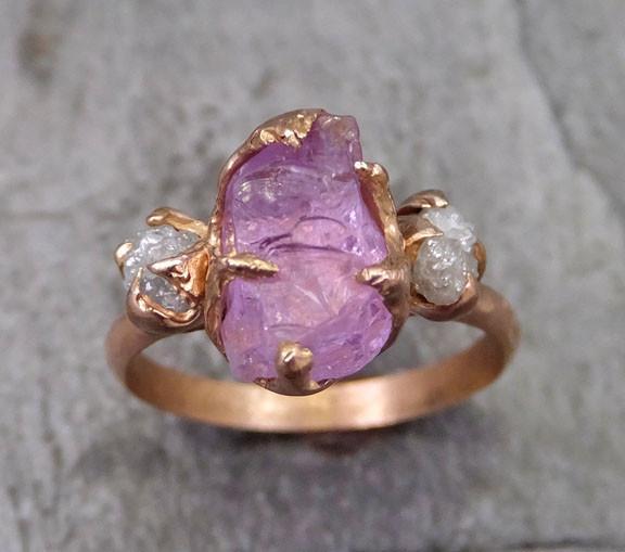 Raw Spinel Diamond Rose Gold Multi stone Engagement Ring Wedding Ring Custom One Of a Kind Pink Lavender Gemstone Ring Three stone Ring 0038 - by Angeline