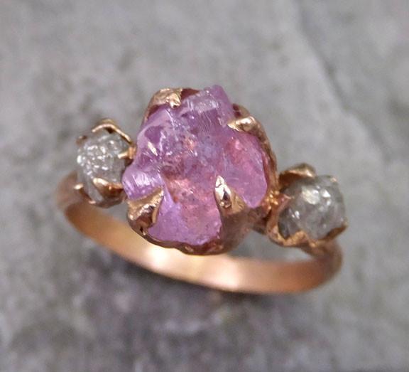 Raw Spinel Diamond Rose Gold Engagement Ring Wedding Ring Custom One Of a Kind Pink Lavender Gemstone Ring Three stone Ring - by Angeline