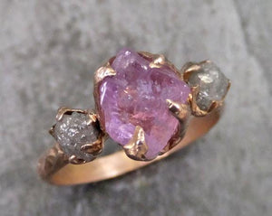 Raw Spinel Diamond Rose Gold Engagement Ring Wedding Ring Custom One Of a Kind Pink Lavender Gemstone Ring Three stone Ring - by Angeline