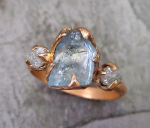 Raw Uncut Aquamarine Diamond Rose Gold Engagement Ring Wedding Ring Custom One Of a Kind Gemstone Ring Three stone Ring - by Angeline