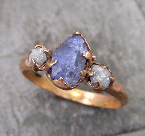 Raw Sapphire Diamond Rose Gold Engagement Ring Wedding Ring Custom One Of a Kind Purple Violet Gemstone Ring Three stone Ring - by Angeline