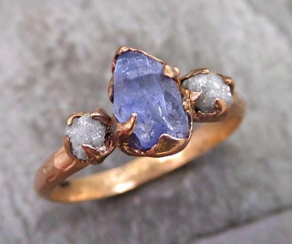 Raw Sapphire Diamond Rose Gold Engagement Ring Wedding Ring Custom One Of a Kind Purple Violet Gemstone Ring Three stone Ring - by Angeline