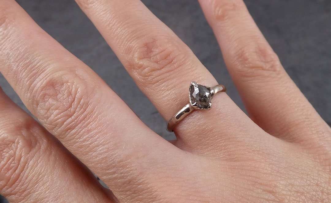 Fancy cut salt and pepper Diamond Solitaire Engagement 14k White Gold Wedding Ring byAngeline 1867