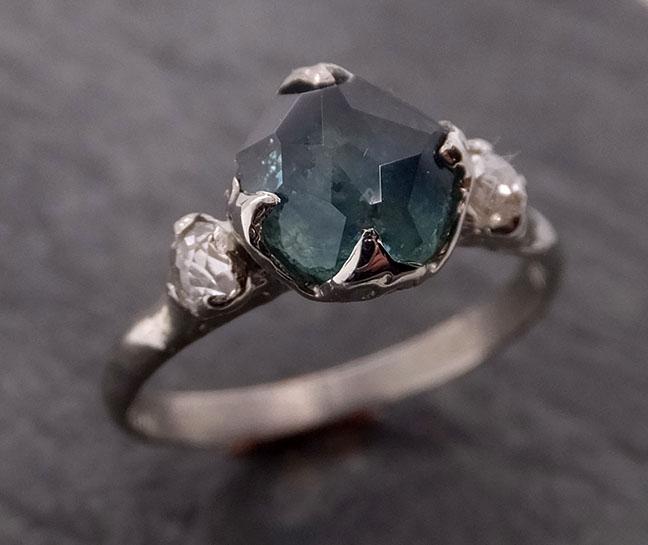 Partially faceted blue Montana Sapphire and fancy Diamonds 18k White Gold Engagement Wedding Ring Custom Gemstone Ring Multi stone Ring 1886