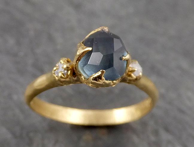 partially faceted montana sapphire diamond 18k yellow gold engagement ring wedding ring custom one of a kind blue gemstone ring multi stone ring 1892 Alternative Engagement