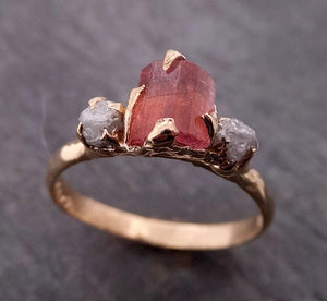 Raw Pink Tourmaline + Diamond 14k yellow Gold Multi stone Engagement Ring Wedding Ring One Of a Kind Gemstone Ring Bespoke Three stone Ring 1905