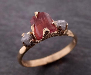 Raw Pink Tourmaline + Diamond 14k yellow Gold Multi stone Engagement Ring Wedding Ring One Of a Kind Gemstone Ring Bespoke Three stone Ring 1905