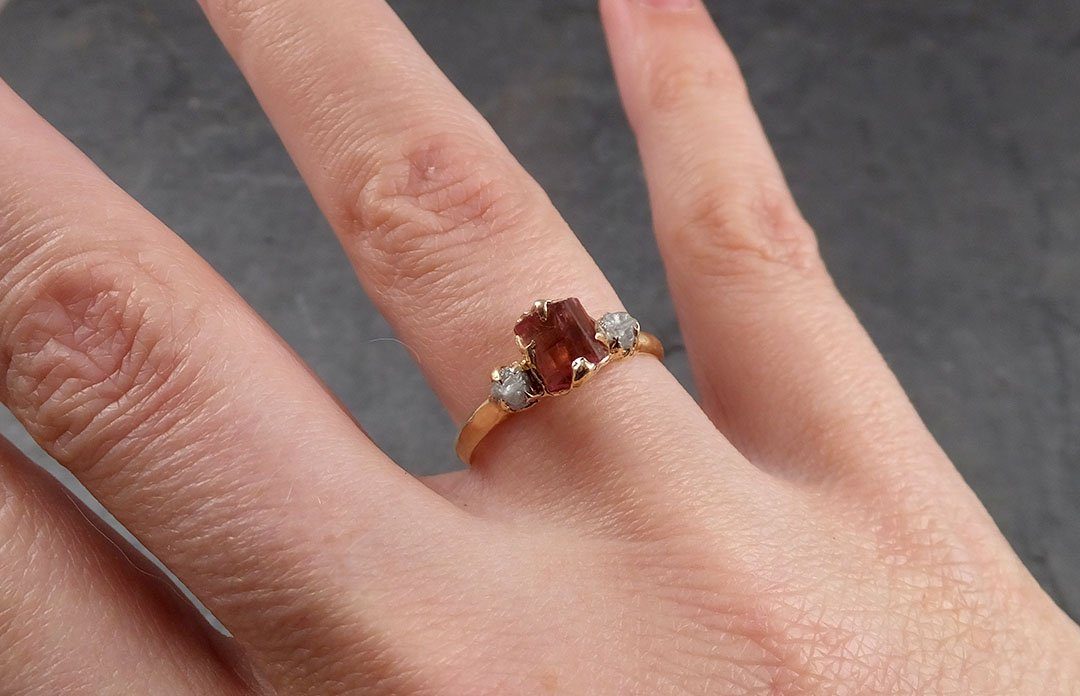 raw pink tourmaline + diamond 14k yellow gold multi stone engagement ring wedding ring one of a kind gemstone ring bespoke three stone ring 1905 Alternative Engagement