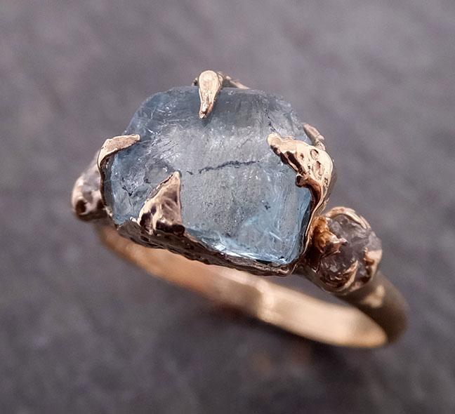 Raw Uncut Aquamarine Diamond yellow Gold Engagement Ring Multi stone Wedding 14k Ring Custom Gemstone Bespoke Three stone Ring byAngeline 1903
