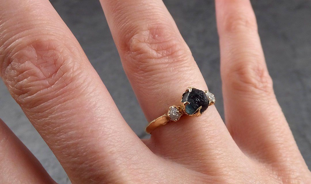 montana sapphire rough diamond yellow 14k gold engagement ring wedding ring custom one of a kind gemstone multi stone ring 1909 Alternative Engagement