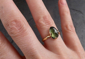 Fancy cut Green Tourmaline Yellow Gold Ring Gemstone Solitaire recycled 14k statement Engagement ring 1913