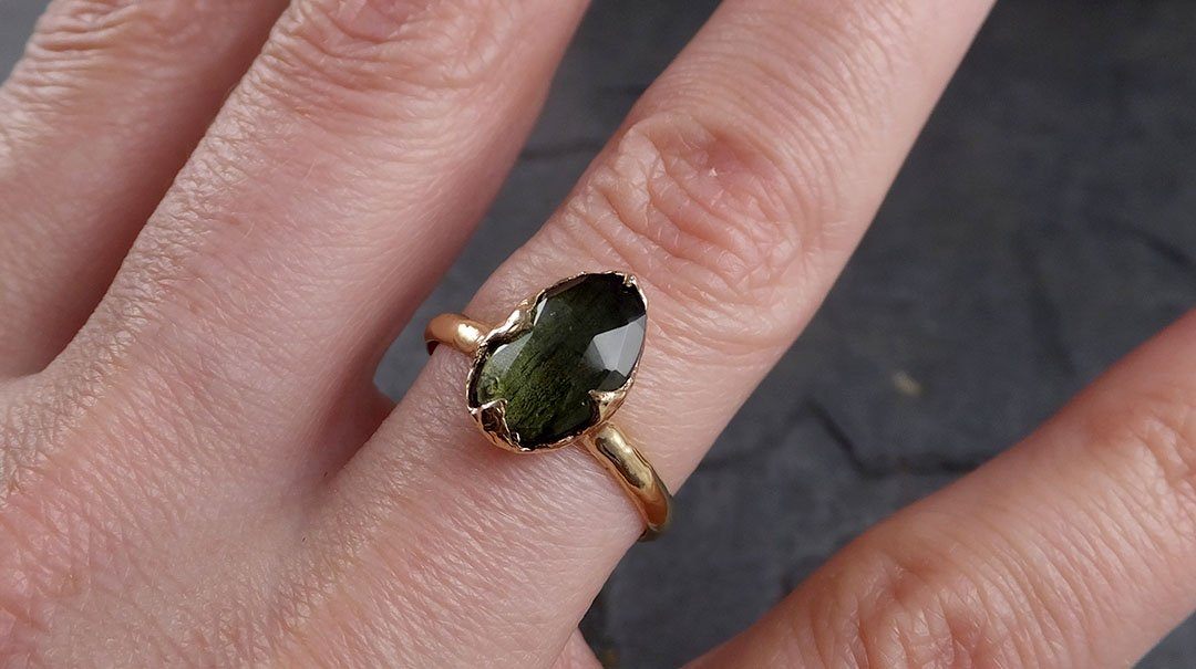 Fancy cut Green Tourmaline Yellow Gold Ring Gemstone Solitaire recycled 14k statement Engagement ring 1913
