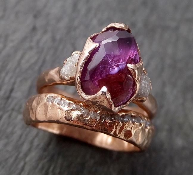 Partially Faceted Sapphire Raw Multi stone Rough Diamond 14k rose Gold Engagement Ring Wedding Ring Custom One Of a Kind Gemstone Ring 1524 - by Angeline
