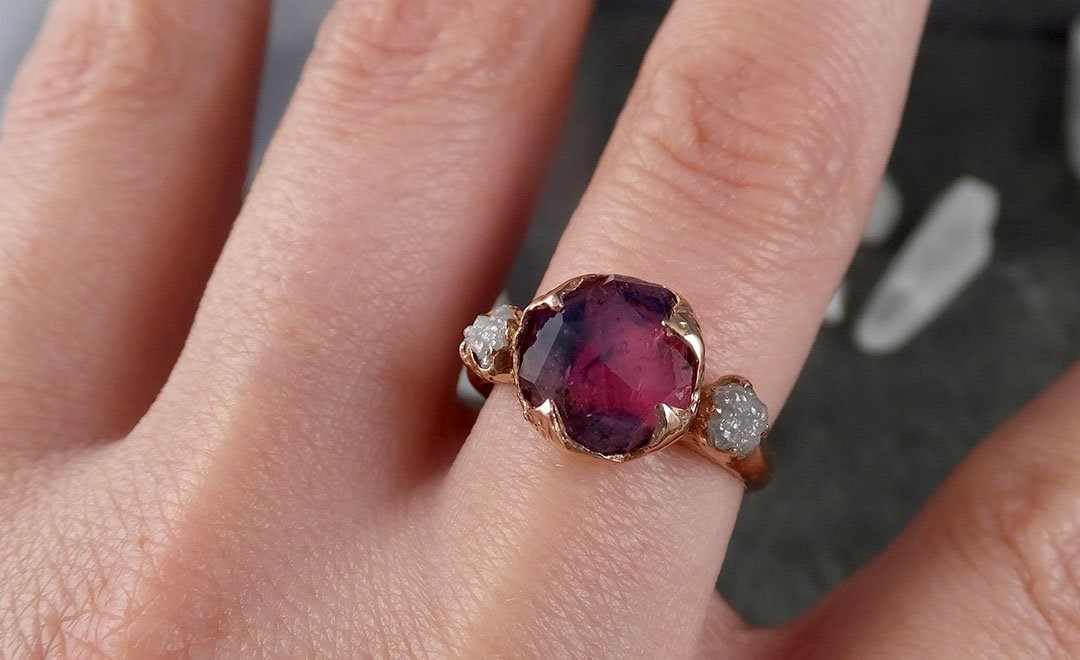 Partially Faceted Sapphire Raw Multi stone Rough Diamond 14k rose Gold Engagement Ring Wedding Ring Custom One Of a Kind Gemstone Ring 1527 - by Angeline