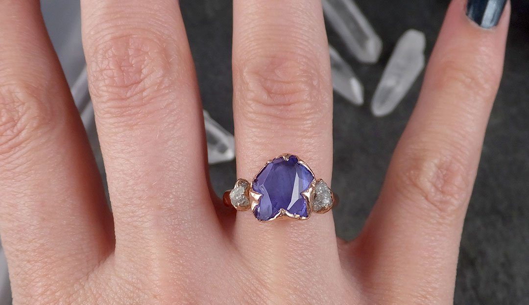 Partially faceted Tanzanite Gemstone diamond 14k Ring Multi stone Wedding Ring Rose gold Ring 1528 - by Angeline