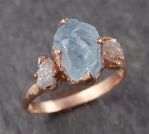 Aquamarine Diamond Raw Uncut rose 14k Gold Engagement Ring Multi stone Wedding Ring Custom One Of a Kind Gemstone Bespoke byAngeline 1529 - by Angeline