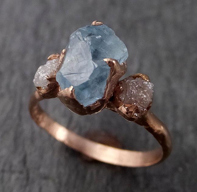 Aquamarine Diamond Raw Uncut rose 14k Gold Engagement Ring Multi stone Wedding Ring Custom One Of a Kind Gemstone Bespoke byAngeline 1529 - by Angeline