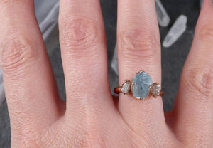 Aquamarine Diamond Raw Uncut rose 14k Gold Engagement Ring Multi stone Wedding Ring Custom One Of a Kind Gemstone Bespoke byAngeline 1529 - by Angeline