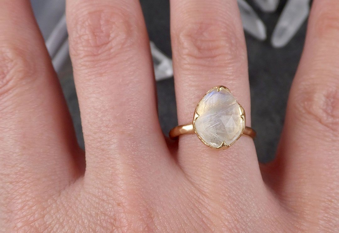 Fancy cut Moonstone Yellow Gold Ring Gemstone Solitaire recycled 14k statement cocktail statement 1531 - by Angeline