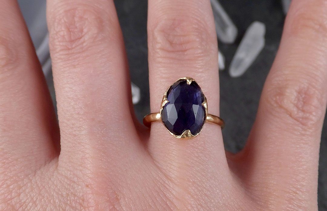 Fancy cut Iolite Yellow Gold Ring Gemstone Solitaire recycled 14k statement cocktail statement 1532 - by Angeline