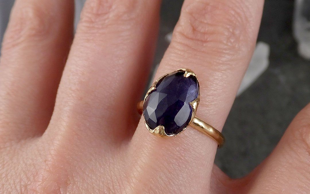 Fancy cut Iolite Yellow Gold Ring Gemstone Solitaire recycled 14k statement cocktail statement 1532 - by Angeline