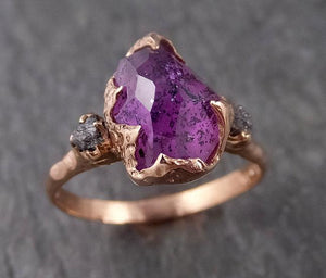 Partially Faceted Sapphire Raw Multi stone Rough Diamond 14k rose Gold Engagement Ring Wedding Ring Custom One Of a Kind Gemstone Ring 1526 - by Angeline