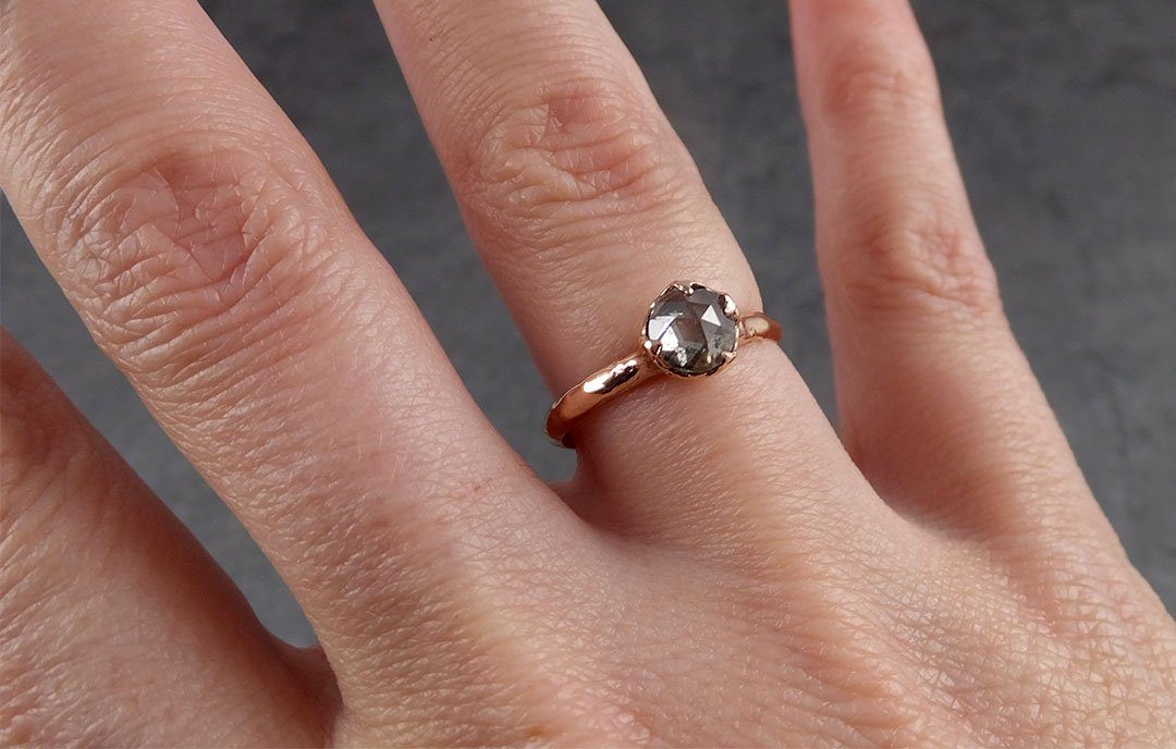 Faceted Fancy cut salt and pepper Diamond Solitaire Engagement 14k Rose Gold Wedding Ring byAngeline 1935