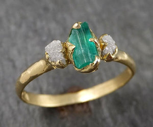 Raw Rough Emerald Conflict Free Diamonds 18k yellow Gold Ring One Of a Kind Gemstone Multi stone Engagement Wedding Ring Recycled gold 1547 - by Angeline
