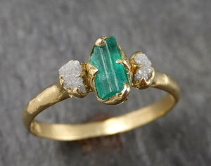 Raw Rough Emerald Conflict Free Diamonds 18k yellow Gold Ring One Of a Kind Gemstone Multi stone Engagement Wedding Ring Recycled gold 1547 - by Angeline