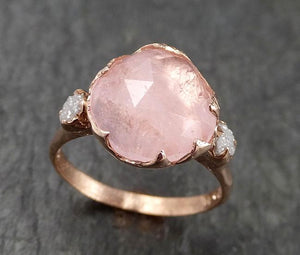 Fancy cut Morganite Rough Diamond 14k Rose Gold Engagement Ring Multi stone Wedding Ring Custom One Of a Kind Gemstone Ring Bespoke Pink Conflict Free 1545 - by Angeline