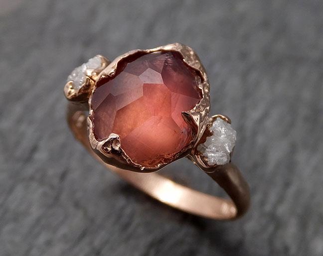 Partially Faceted Sapphire Raw Multi stone Rough Diamond 14k rose Gold Engagement Ring Wedding Ring Custom One Of a Kind Gemstone Ring 1543 - by Angeline