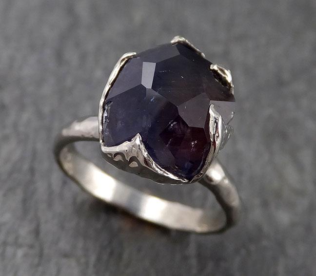 Partially Faceted Sapphire 14k white Gold statement Cocktail Ring Custom One Of a Kind Gemstone Ring Solitaire 1551 - by Angeline
