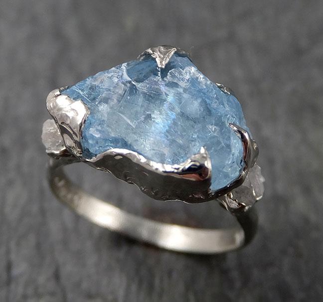 Raw Rough and Aquamarine Diamond 14k White Gold Multi stone Ring One Of a Kind Gemstone Ring Recycled gold 1556 - by Angeline