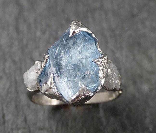 Raw Rough and Aquamarine Diamond 14k White Gold Multi stone Ring One Of a Kind Gemstone Ring Recycled gold 1555 - by Angeline