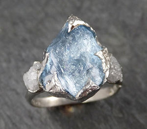 Raw Rough and Aquamarine Diamond 14k White Gold Multi stone Ring One Of a Kind Gemstone Ring Recycled gold 1555 - by Angeline
