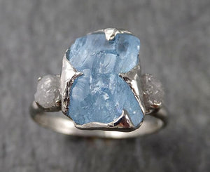 Raw Rough and Aquamarine Diamond 14k White Gold Multi stone Ring One Of a Kind Gemstone Ring Recycled gold 1557 - by Angeline