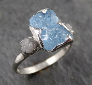 Raw Rough and Aquamarine Diamond 14k White Gold Multi stone Ring One Of a Kind Gemstone Ring Recycled gold 1557 - by Angeline