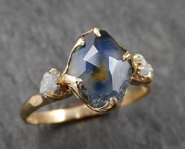 Partially faceted Montana Sapphire natural Blue sapphire gemstone Raw Rough Diamond 14k Yellow Gold Engagement multi stone 1566 - by Angeline